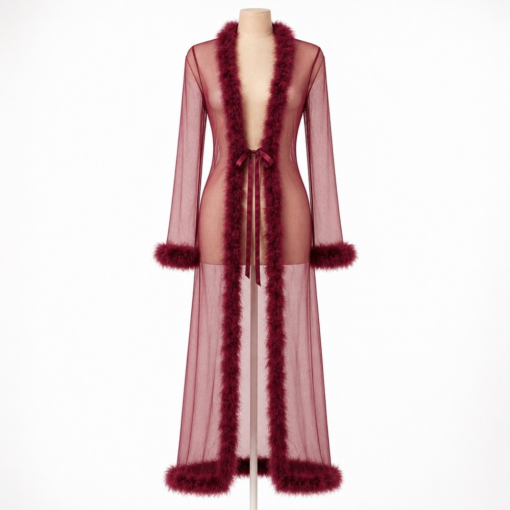 Sheer Mesh Faux Fur Trim Maxi Robe Duster OS Red Burlesque Sexy Lingerie Vamp